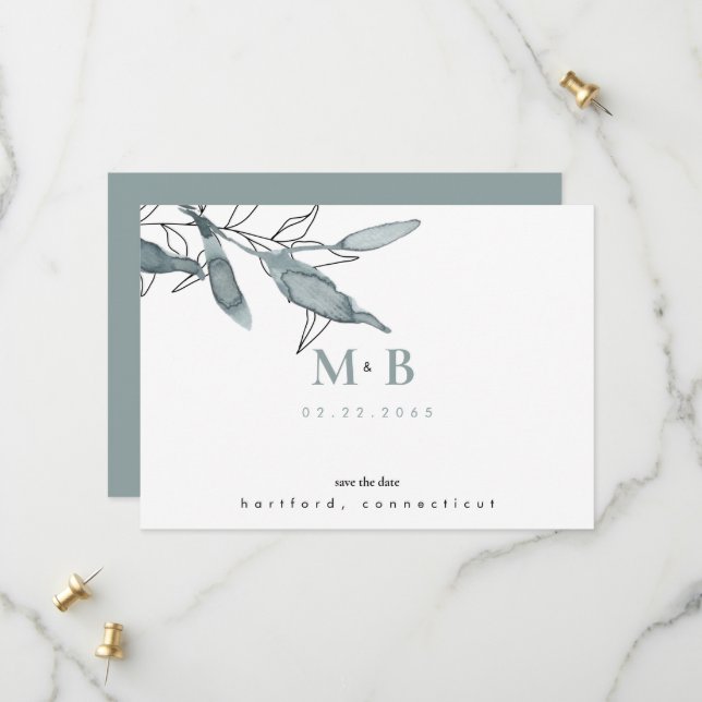 Enkel Elegant Teal Monogram Bröllop Spara Datum  Datumet (Fram/Back In Situ)