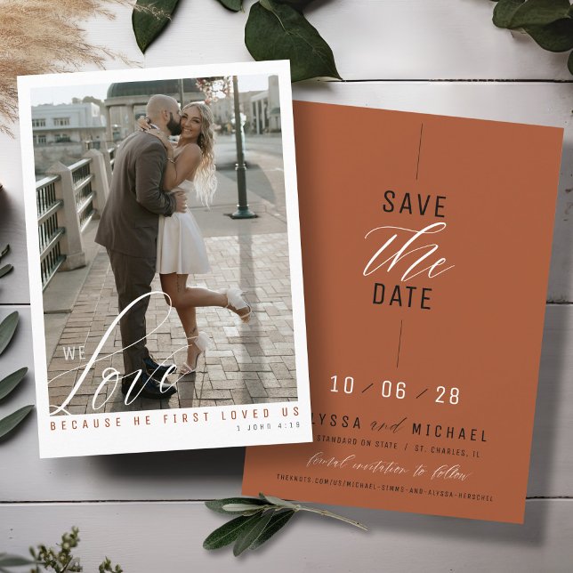 Enkel Elegant Terracotta Photo Christian Bröllop Spara Datumet (Love scripture elegant photo simple terracotta burnt orange modern Christian wedding save the date)