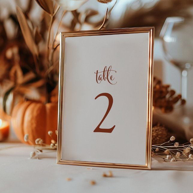 Enkel Elegant Terrakotta Höst Boho Bröllop Bordsnummer (Simple Elegant Terracotta Fall Boho Wedding Table Number Sign by Painted Paperie
)