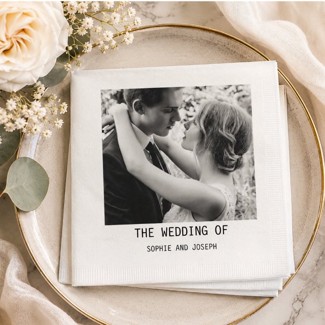 Enkel Elegant Text & Foto | QR-kod Bröllop Pappersservett (Simple Elegant Text & Photo | QR Code Wedding Napkins)