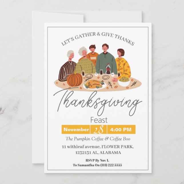 Enkel Elegant Thanksgiving Middag Pumpa Turkiet Inbjudningar (Framsida)