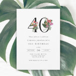 Enkel Elegant - Tropical 40:e födelsedagsinbjudan Inbjudningar<br><div class="desc">Den här 40:e födelsedagsinbjudan har en ren, sofistikerad, minimal design med en aning elegans. Siffran "40" visas på en framträdande plats i ett stort, snyggt serif-teckensnitt som är förskönat med vibranta tropiska blommor och lush-blad för att lägga till en spricka av färg och målade detaljer. Handflatan fronds, hibiscus, fikoner, blommar,...</div>
