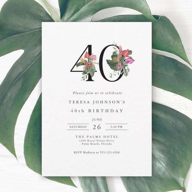 Enkel Elegant - Tropical 40:e födelsedagsinbjudan Inbjudningar (Available as both printed and instant download digital formats.)
