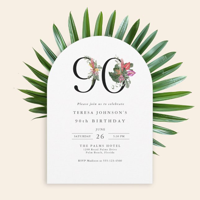 Enkel Elegant Tropisk 90-årsdag Inbjudningar (Available in both printed and instant download digital formats.)