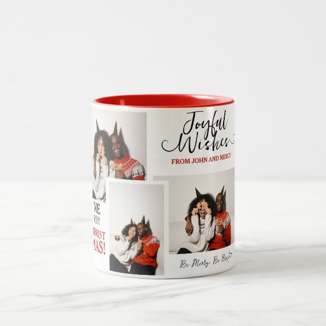 Enkel Elegant Typografi Jul 3 Foto Två-Tonad Mugg (Center)