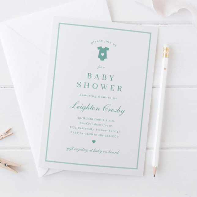 Enkel Elegant Typografi Sage Grön Bebis Shower Inbjudningar (Simple Classic Typography Sage Green Gender Neutral  Baby Shower Invitation.)