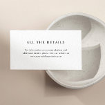Enkel Elegant | Uppgifter om Bröllop Tilläggskort<br><div class="desc">Dessa minimalistiska och elegant kort för gästdetaljer i höljet har modern svart text på en ren vit bakgrund,  vilket ger ett enkelt utseende och snyggt. Skriv bara in information om hotellrum,  köranvisningar och annan viktig information för dina gäster.</div>