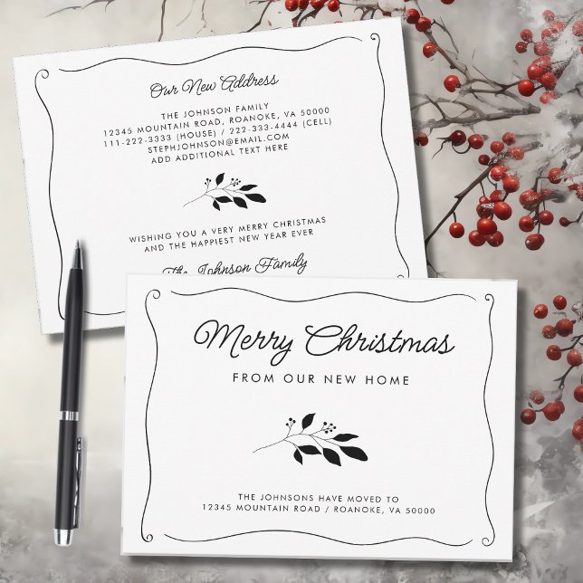 Enkel Elegant Vågigt Gräns Helgdag Flytta Meddelande (Simple Elegant Wavy Border Christmas Botanical Holiday Moving Announcement Flat Card with Envelope)
