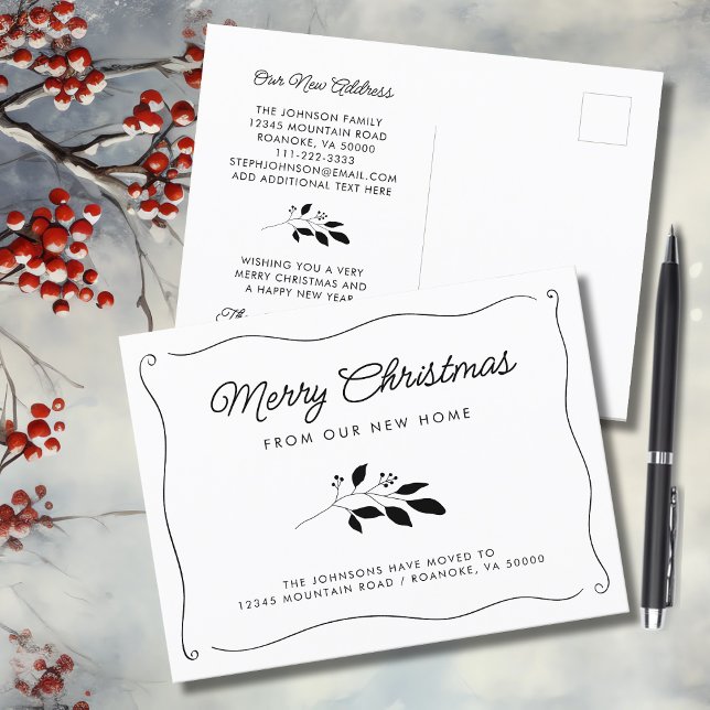 Enkel Elegant Vågigt Gräns Helgdag Flytta Meddelande Vykort (Simple Elegant Wavy Border Christmas Botanical Holiday Moving Announcement Postcard)