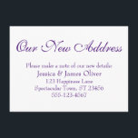 Enkel, Elegant Vår Nya adress Lila på vitt Tilläggskort<br><div class="desc">Behålla dina vänner och din familj och dina nya adress med hjälp av dessa enkla, elegant-höljeskort. En mångsidig anteckning visar "Vår Ny adress" överst med ett söt, traditionellt skriptteckensnitt. Använda mallen fält om du vill lägga till all information för att anpassa designen för din egen använda. Den djupa lilan placerades...</div>