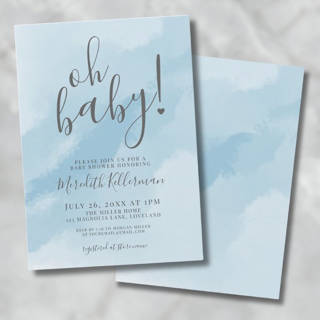 Enkel Elegant Vatercolor Blue Oh Baby Shower Inbjudningar (Simple Elegant Watercolor Blue Baby Shower Invitation)