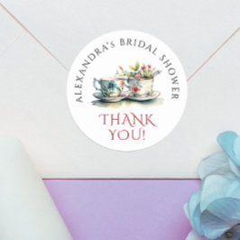 Enkel Elegant Vattenfärg Blommigt Tekopp Tack Runt Klistermärke