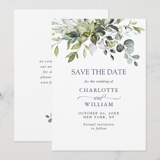 Enkel Elegant vattenfärg Eucalyptus Bröllop Spara Datumet (Fram/baksida)