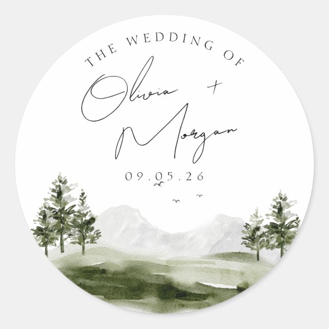 Enkel Elegant Vattenfärgsbergsskog Bröllop Runt Klistermärke (Framsida)