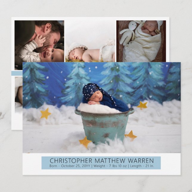 Enkel Elegant vit |Blue Photo Collage Boy Birth Meddelande (Fram/baksida)