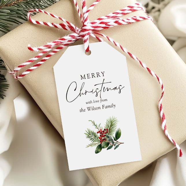 Enkel Elegant Vit God Jul Botanisk Presentetikett (Simple elegant 'Merry Christmas' with personalised name and festive greenery & berries.)