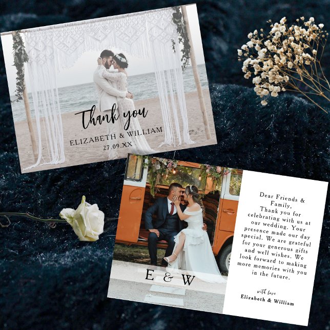 Enkel Elegant, vit övertäckning 2 Photo Bröllop Tack Kort (Simple Elegant white overlay 2 Photo Wedding Thank You Card)