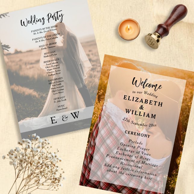 Enkel Elegant Vit övertäckning Ett par foto Bröllo Program (Simple Elegant White overlay Couple Photo Wedding Program)