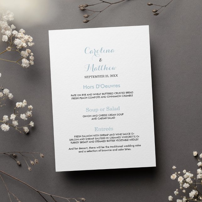 Enkel elegant, vit pastellblå Bröllop-meny Meny (Simple elegant white pastel blue Wedding Menu)