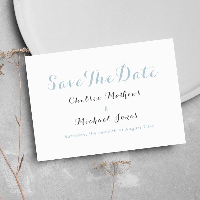 Enkel elegant vit pastellblå Spara datum Datumet (Simple elegant white pastel blue Save The Date)