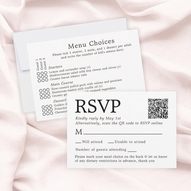 Enkel Elegant Vit RSVP-kort Med Menyval OSA Kort (Simple Elegant White RSVP Card With Menu Choices
)