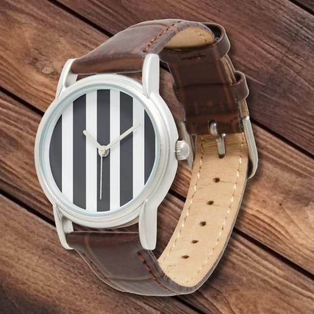 Enkel Elegant, vit, svart Rand-läder Armbandsur (Simple Elegant Classic White and Black Stripes Leather  Strap Watch Face.)