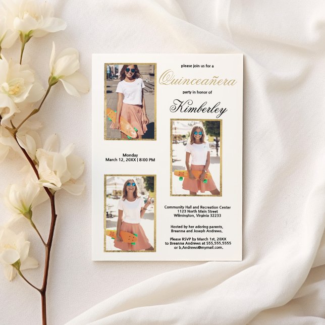 Enkel Elegant Vita Guld Photo Quinceañera Inbjudningar (Simple Elegant White Gold Photo Quinceañera)