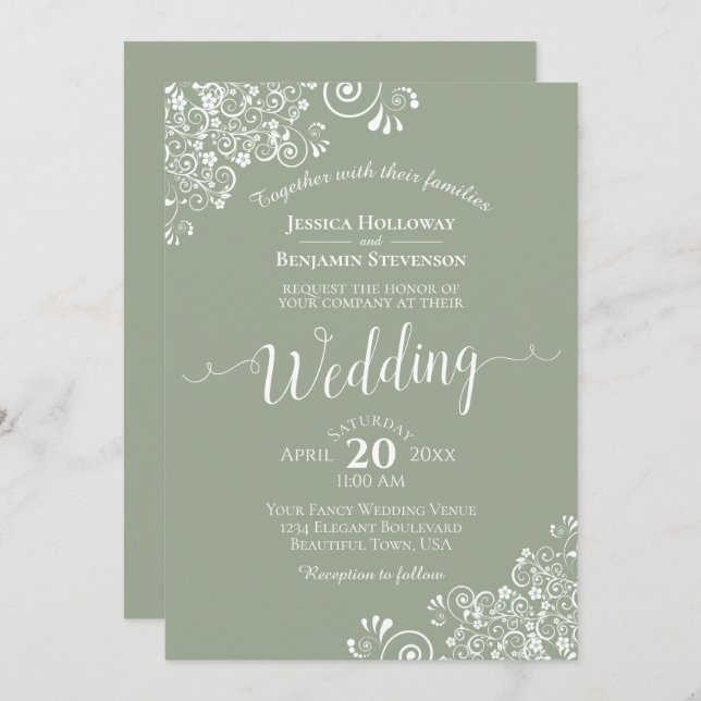 Enkel Elegant Vita Snöre på Sage Grönt Bröllop Inbjudningar (Fram/baksida)