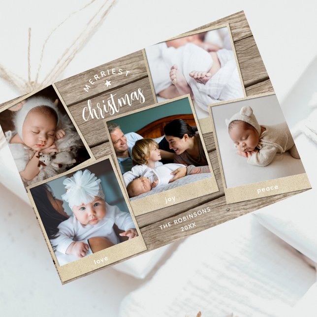 Enkel Elegant Wood Multi Photo Collage jul Julkort (Skapare uppladdad)