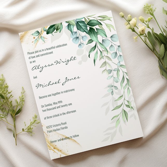 Enkel elfenbensguld grönska blad blommande bröllop inbjudningar (Simple ivory gold greenery leaf floral Wedding )