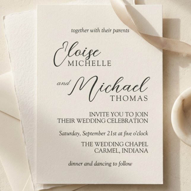 Enkel Elfenbensvit Klassisk Bröllopsskrift Inbjudningar (Simple Ivory Classic Script Wedding Invitation)
