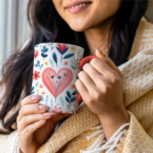 ENKEL ELIGANT RED BLOMMIGT OCH HEART VALENTINE MUGG