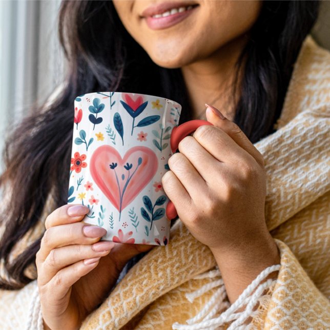 ENKEL ELIGANT RED BLOMMIGT OCH HEART VALENTINE MUGG (Skapare uppladdad)