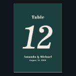 Enkel Emerald Grönt Minimalist Bröllop Bordsnummer<br><div class="desc">Med en enkel minimalistisk stil och en liten reflex, i den populära grönten i bröllop, finns bordsnumret i den populära larmljuden, med upprepningar på båda sidor av kortet. Anpassa med brudgummens namn och bröllop. Skapa ett separat bordsnummer för varje bordsnummer du behöver och lägg till i kundvagn när du skapar...</div>