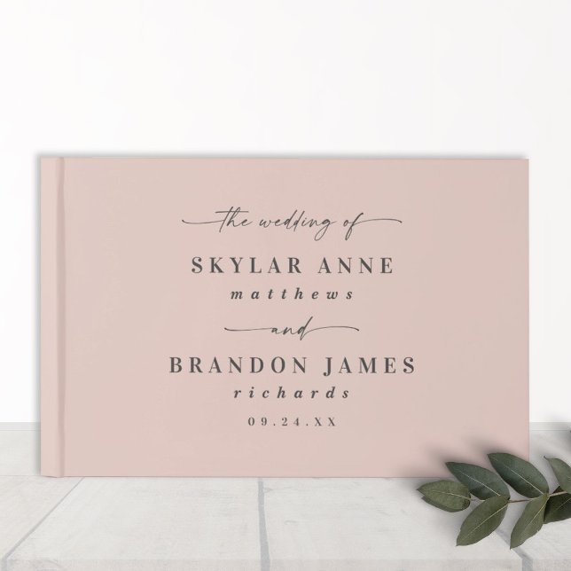 Enkel enfärgad lätt rosa bröllopsklänning gästböcker (Minimalistic Light Blush Pink Solid Color and Script Wedding Guest Book)