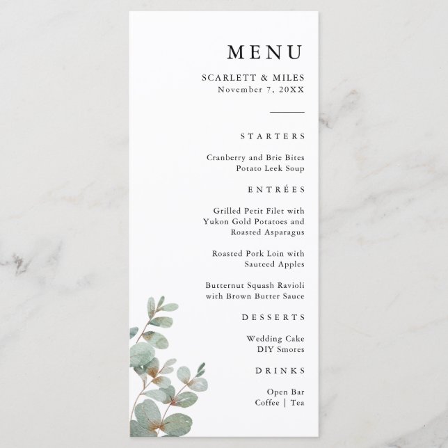 Enkel Eucalyptus Bröllop Menu Meny (Framsida)