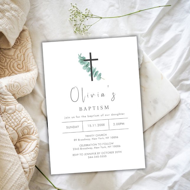 Enkel eucalyptuskorsdop dop inbjudningar (Simple Eucalyptus Cross Christening Baptism Invitation)