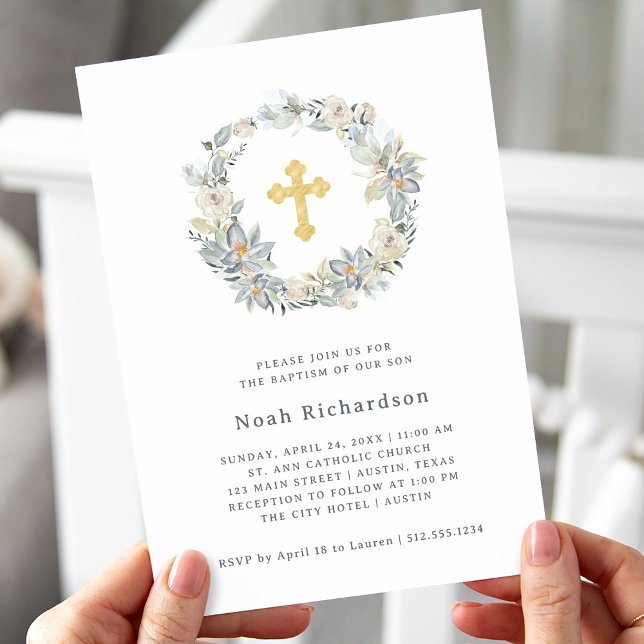 Enkel eukalyptus | Faux Guld Kor Baptism Inbjudningar (A simple and elegant gender neutral Baptism invitation, with eucalyptus leaves, flowers, and a cross)