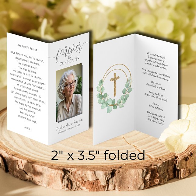 Enkel eukalyptus Funeral Memorial Prayer Card Visitkort (SMALL Celebrating the Life of memorial photo folded cards, 2" x 3.5" finished size)