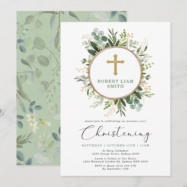 Enkel eukalyptus Greenery Guld Kor Christening Inbjudningar (Fram/baksida)