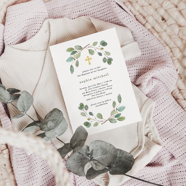 Enkel eukalyptus Greenery och Guld Kor-baptism Inbjudningar (Skapare uppladdad)