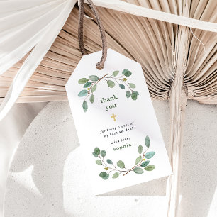 Enkel eukalyptus Greenery och Guld Kor-baptism Presentetikett