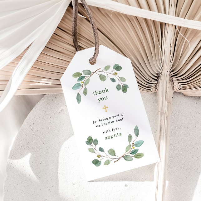 Enkel eukalyptus Greenery och Guld Kor-baptism Presentetikett (Skapare uppladdad)