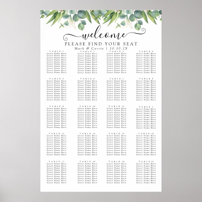 Enkel Eukalyptus Grönska Bröllops Sittplatskarta Poster (Framsidan)
