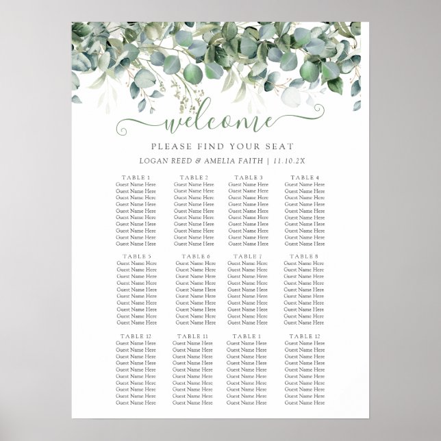 Enkel Eukalyptus Grönska Bröllops Sittplatskarta Poster (Framsidan)
