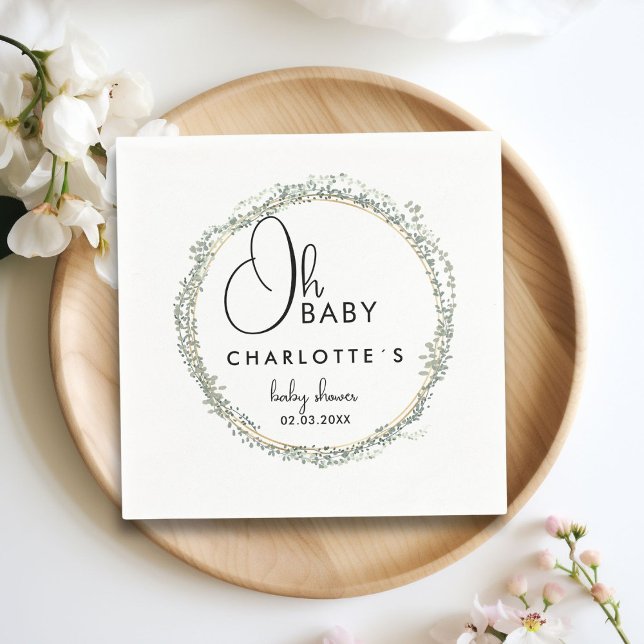 Enkel, eukalyptus-krans Babyskor Pappersservett (Simple, eucalyptus wreath Baby Shower Napkins with your name and date.)