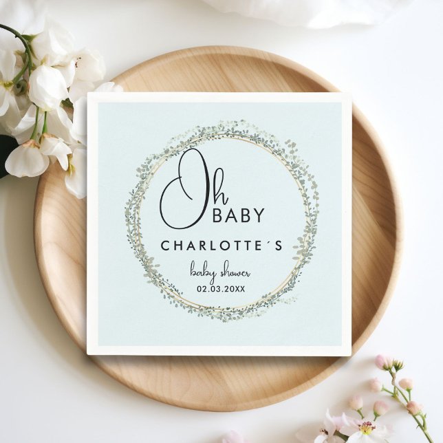 Enkel, eukalyptus-krans Babyskor Pappersservett (Simple, eucalyptus wreath Baby Shower Napkins with your name and date.)
