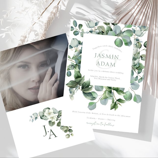 Enkel eukalyptus Löv Greenery Photo Bröllop Inbjudningar (Simple Eucalyptus Leaves Greenery Photo Wedding Invitation)