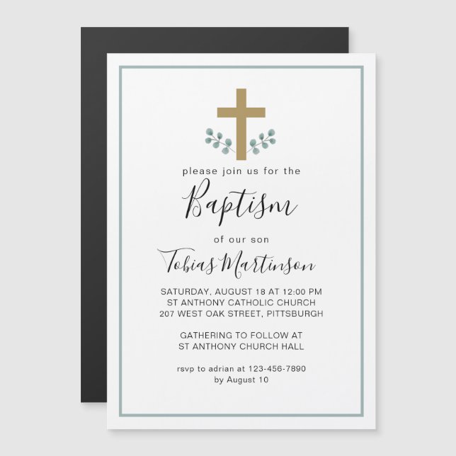 Enkel eukalyptus Löv med Kor Baptism Magnetisk Inbjudningskort (Fram/baksida)