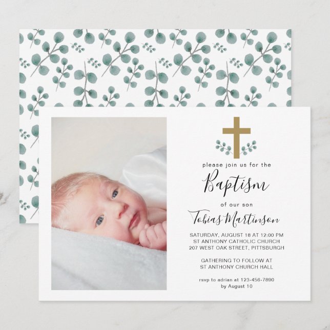 Enkel eukalyptus Löv med Kor Baptism Photo Inbjudningar (Fram/baksida)